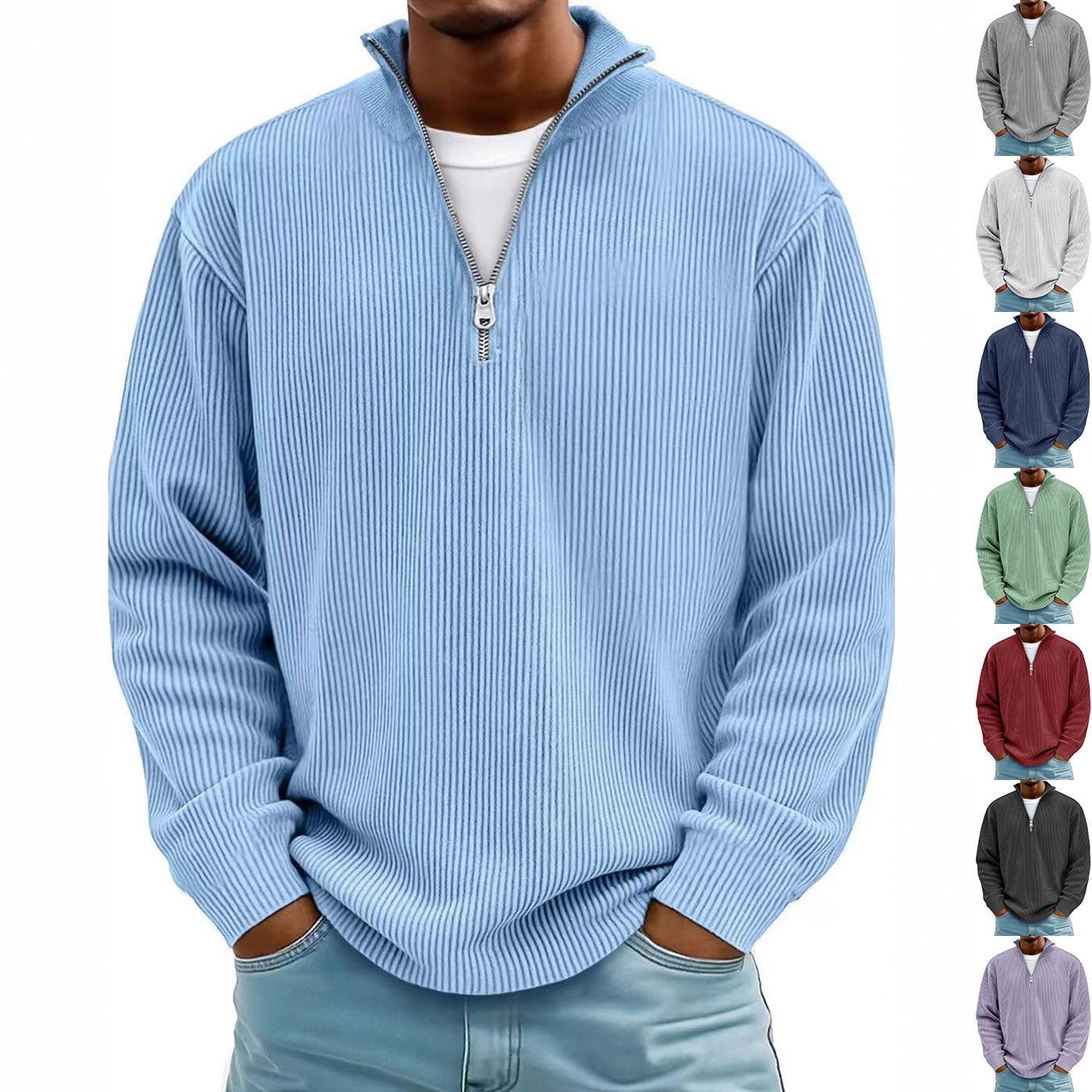 Corduroy Zipper Stand Collar Sweatshirt Fashion Long Sleeve