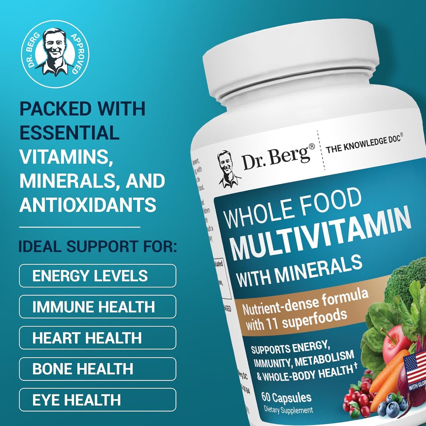 Dr. Berg Whole Food Multivitamin with Minerals - Daily Multivitamin for Men and Women - Includes Premium Whole Food Fruits and Vegetable Blend with Folate, Alpha-Lipoic Acid and More - 60 Capsules