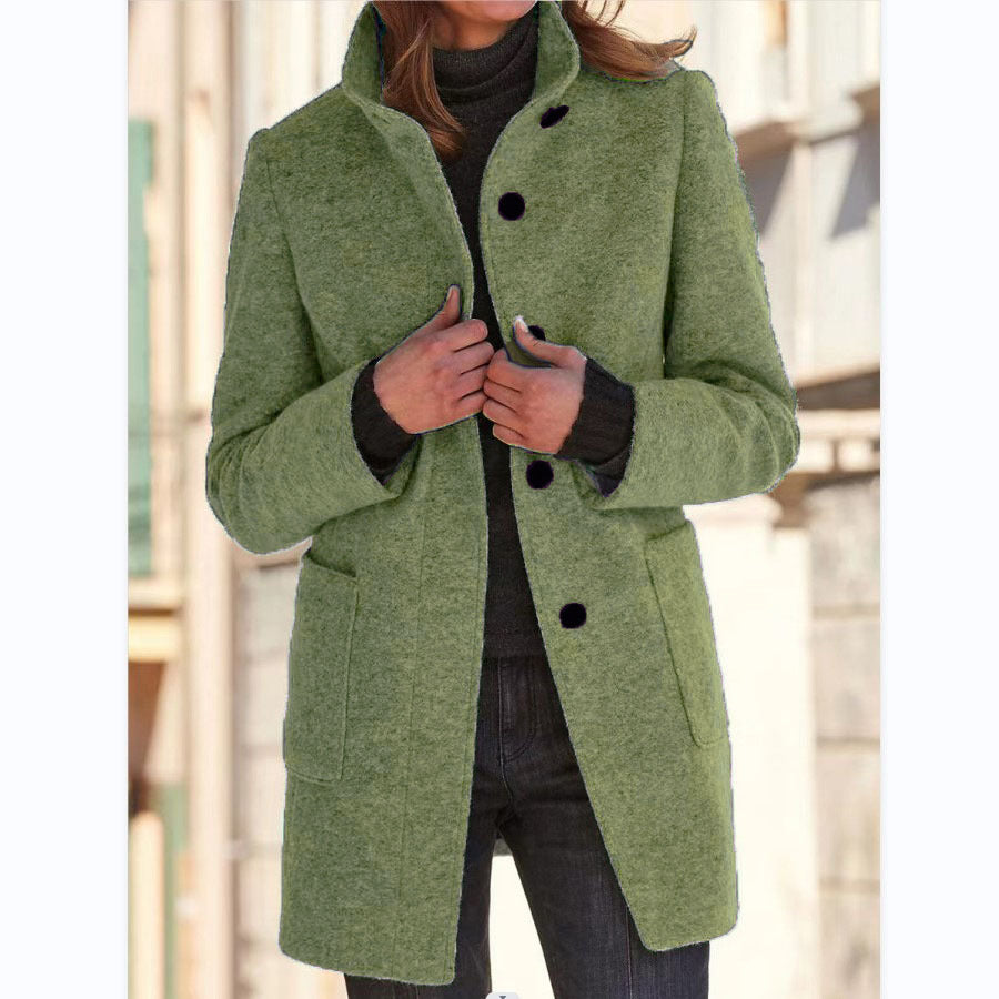 Fashion Stand Collar Woolen Coat With Pockets Fall Winter