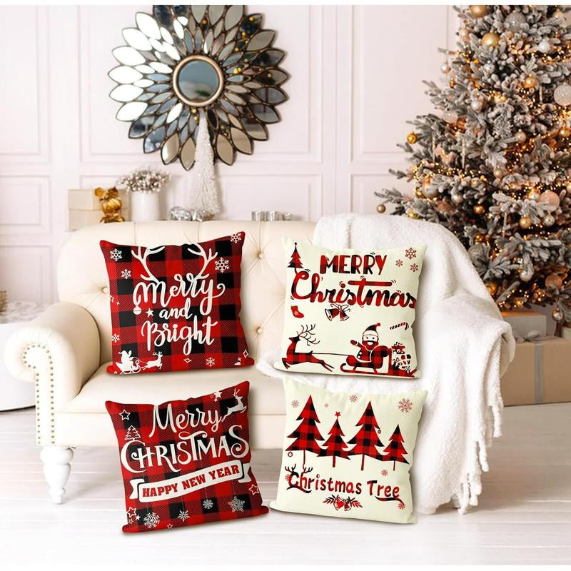 Christmas Themed Pillow Cover, 4 Counts/Set Merry Christmas Letter & Tree & Snowman & Bell Pattern Cushion Cover(Without Pillow Core)