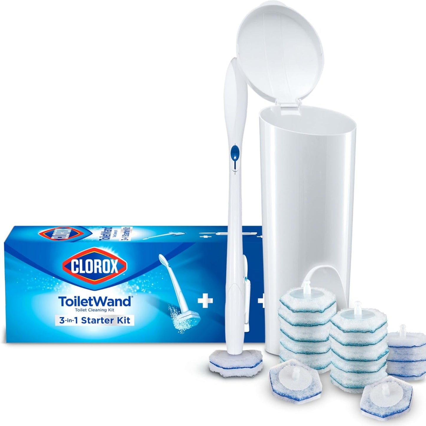 Disposable toilet cleaning system with wand, pads, and caddy