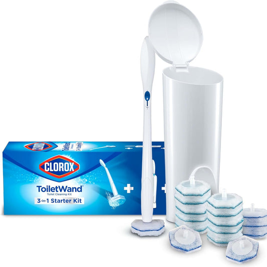 Disposable toilet cleaning system with wand, pads, and caddy