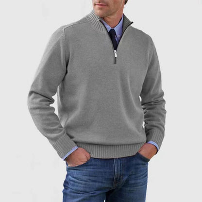 Men’s Stand Collar Zipper Sweater – Winter Fashion Solid Color Knitted Top