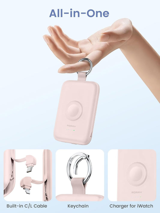 Portable Charger, 10000Mah PD 20W Fast Charging Portable Charger Power Bank with Built in Cables, Travel Battery Pack for Iphone 16/15/14/13/12/11 and Apple Watch Ultra/10/9/8/7/6/5/4/3, Pink