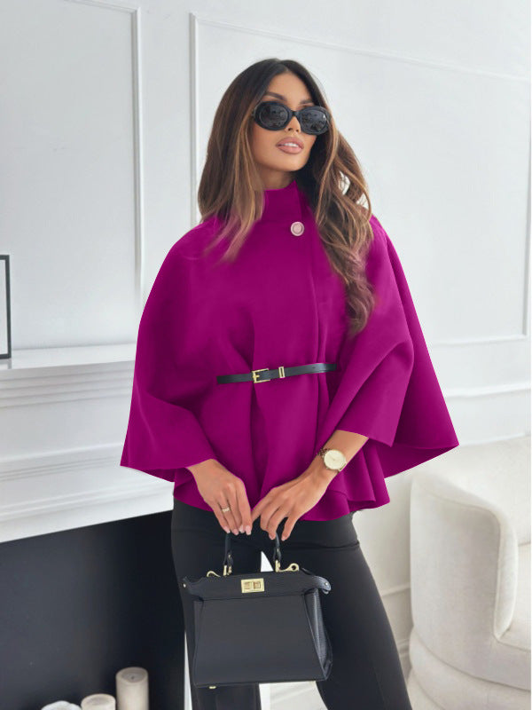 Women’s Stand Collar Batwing Sleeve Cloak Jacket with Belt