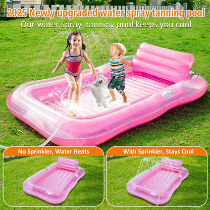 Inflatable Tanning Pool Lounger Float with Sprinkler, 78" X 48" Pool Floats Adult with Pillow, 3 in 1 Blow up Tanning Bed, Suntan Tub Raft Floatie for Pools, Beach, Backyard Summer Water Party