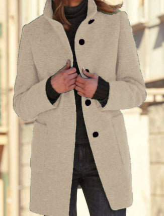 Fashion Stand Collar Woolen Coat With Pockets Fall Winter
