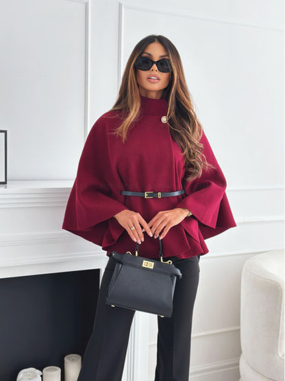 Women’s Stand Collar Batwing Sleeve Cloak Jacket with Belt