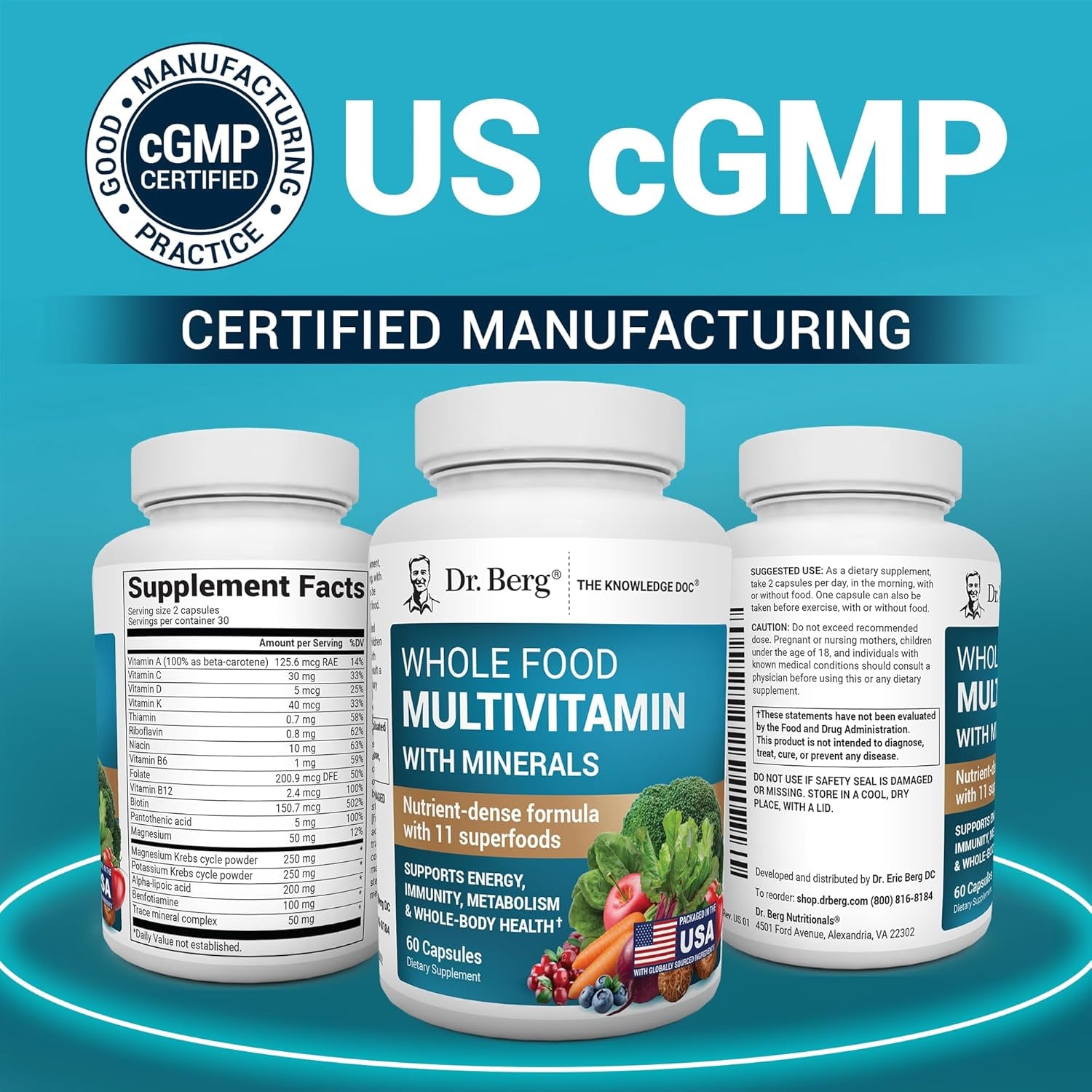 Dr. Berg Whole Food Multivitamin with Minerals - Daily Multivitamin for Men and Women - Includes Premium Whole Food Fruits and Vegetable Blend with Folate, Alpha-Lipoic Acid and More - 60 Capsules