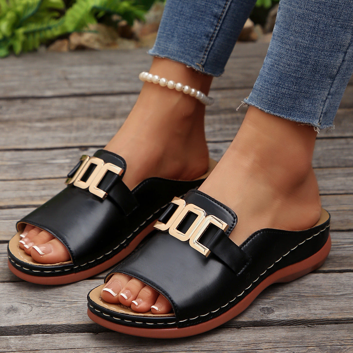 Women’s Chain Wedge Sandals Platform Peep Toe Summer Slides