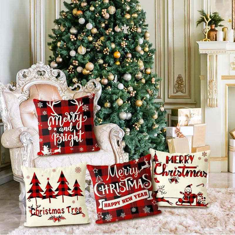 Christmas Themed Pillow Cover, 4 Counts/Set Merry Christmas Letter & Tree & Snowman & Bell Pattern Cushion Cover(Without Pillow Core)
