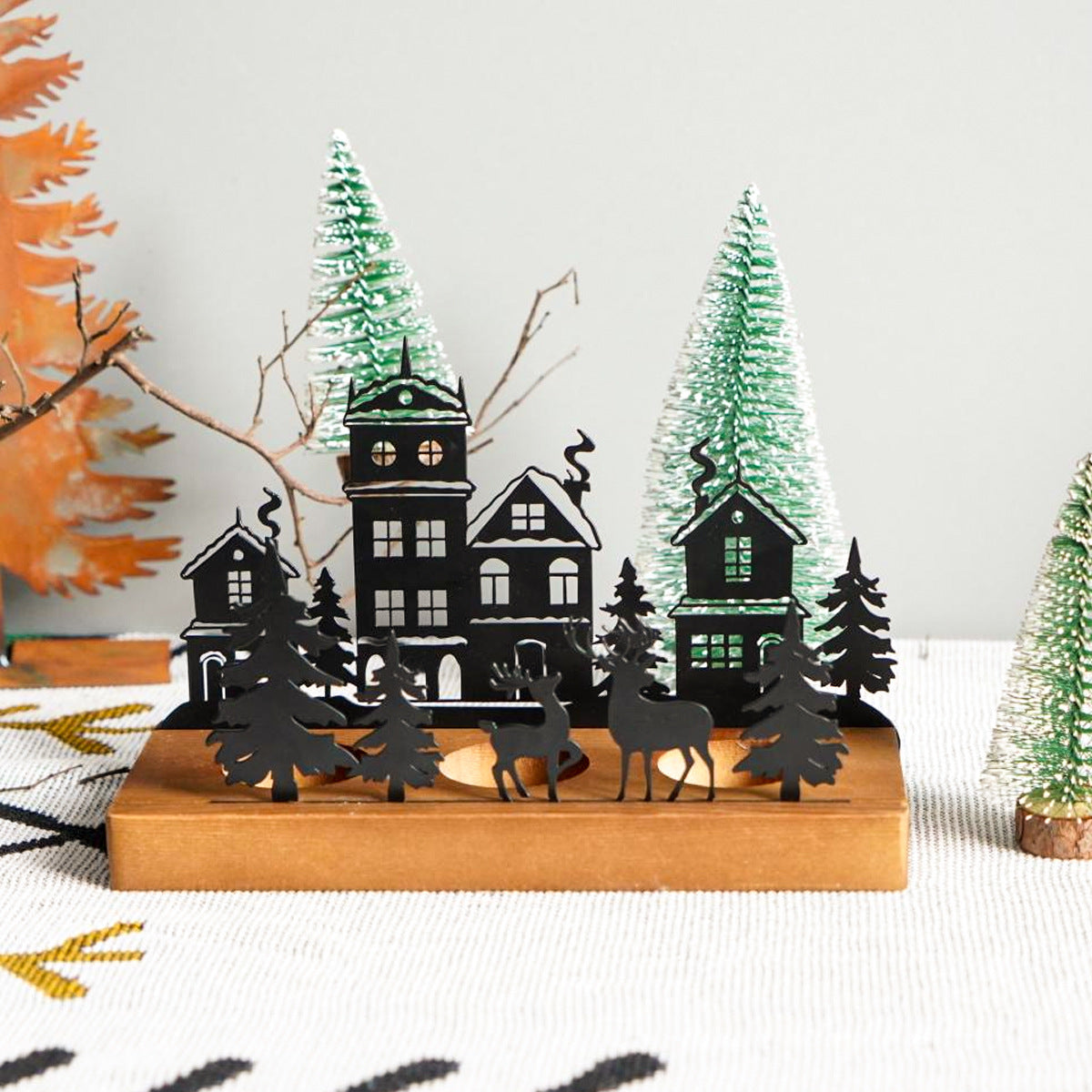 Wrought Iron Christmas Tree Candle Holder with Wooden Base | Holiday Decor