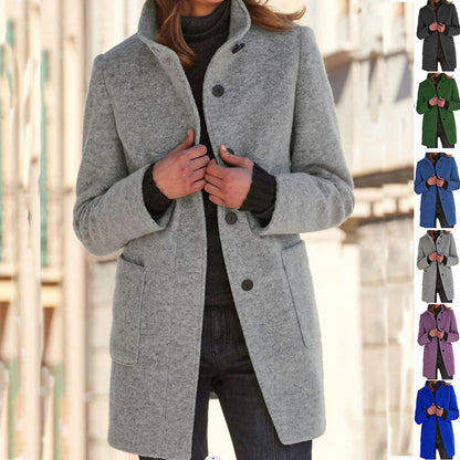Fashion Stand Collar Woolen Coat With Pockets Fall Winter