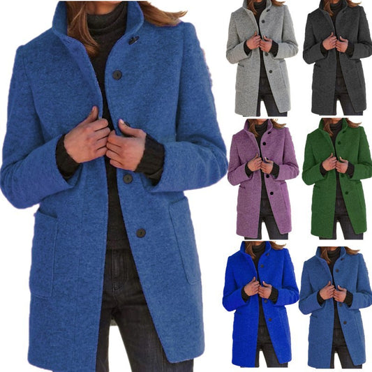 Fashion Stand Collar Woolen Coat With Pockets Fall Winter