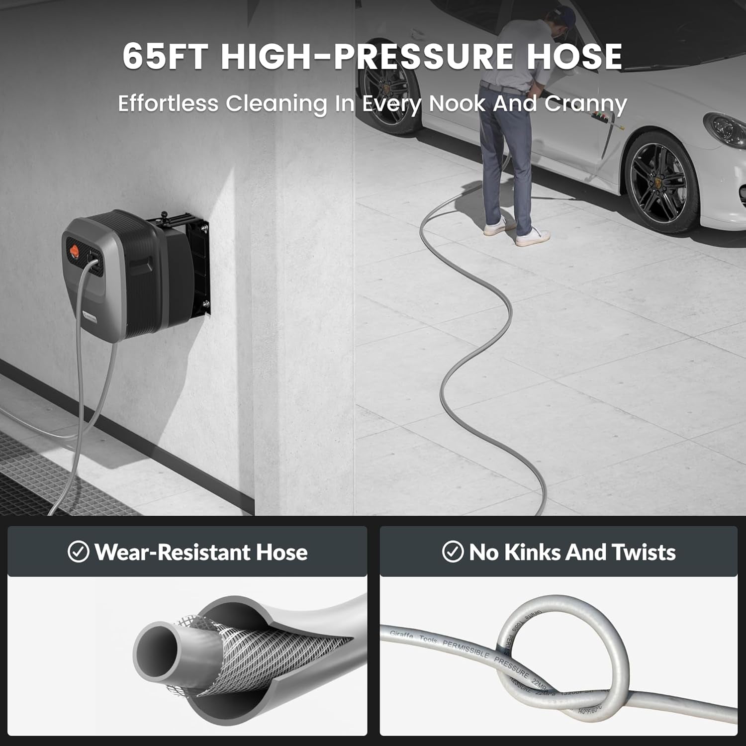 Grandfalls Pressure Washer G20 Pro, 2500 PSI 2.2 GPM, 180° Wall Mounted Power Washer, Auto-Retract with 65FT Hose Reel, 5 Nozzles for Floor/Cars/Fences/Patios, Dark Silver