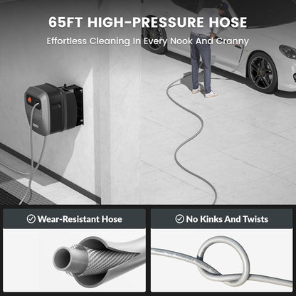 Grandfalls Pressure Washer G20 Pro, 2500 PSI 2.2 GPM, 180° Wall Mounted Power Washer, Auto-Retract with 65FT Hose Reel, 5 Nozzles for Floor/Cars/Fences/Patios, Dark Silver