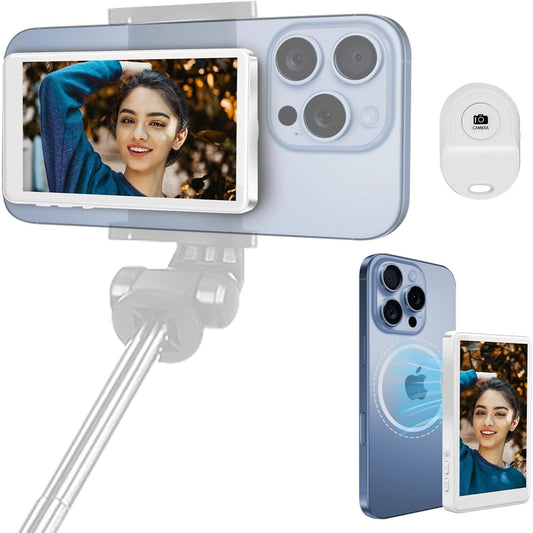 Magnetic selfie monitor showing HD screen mirroring with iPhone