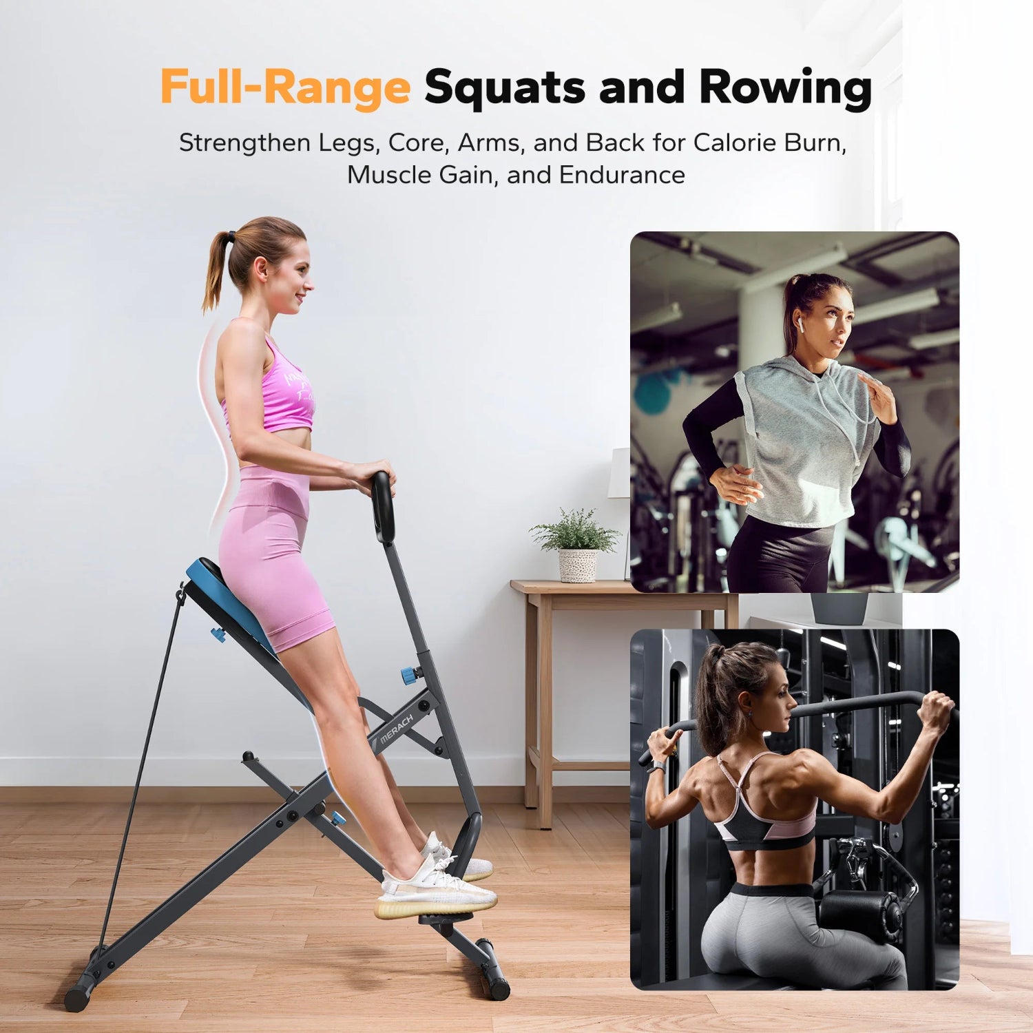 Squat and row machine with LCD display and resistance bands