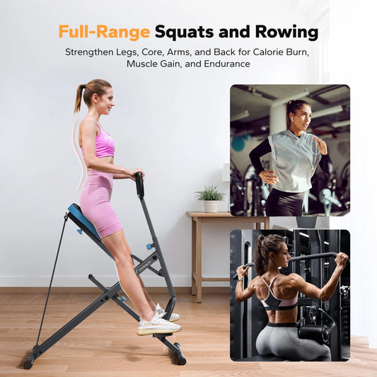 Squat and row machine with LCD display and resistance bands