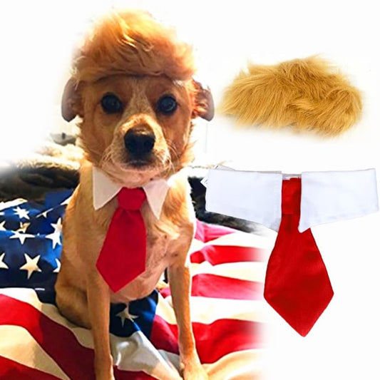 Trump-style dog wig costume with brown faux fur and tie for small dogs