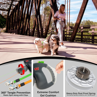 WIGZI two dog retractable leash with reflective stitching for safety