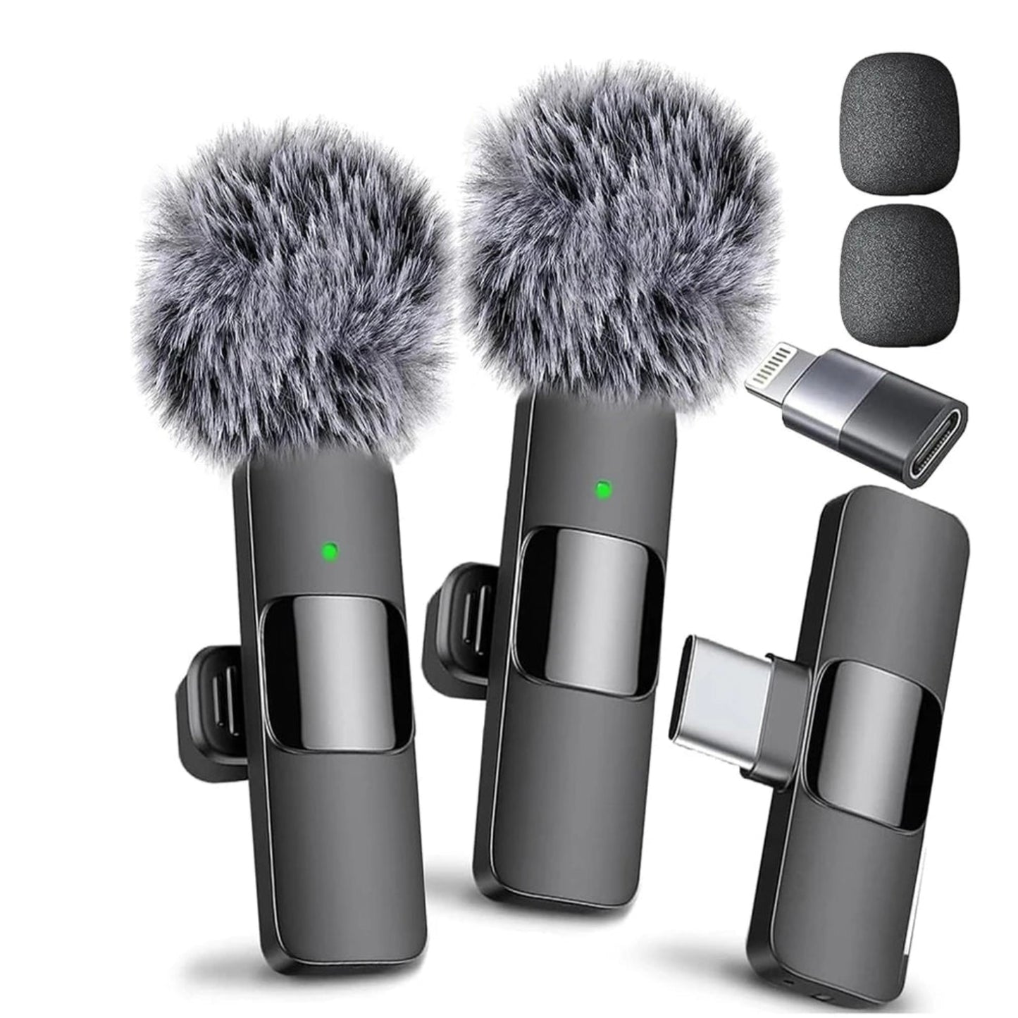 Wireless Lavalier Microphone Kit with transmitter, Type-C receiver, and accessories