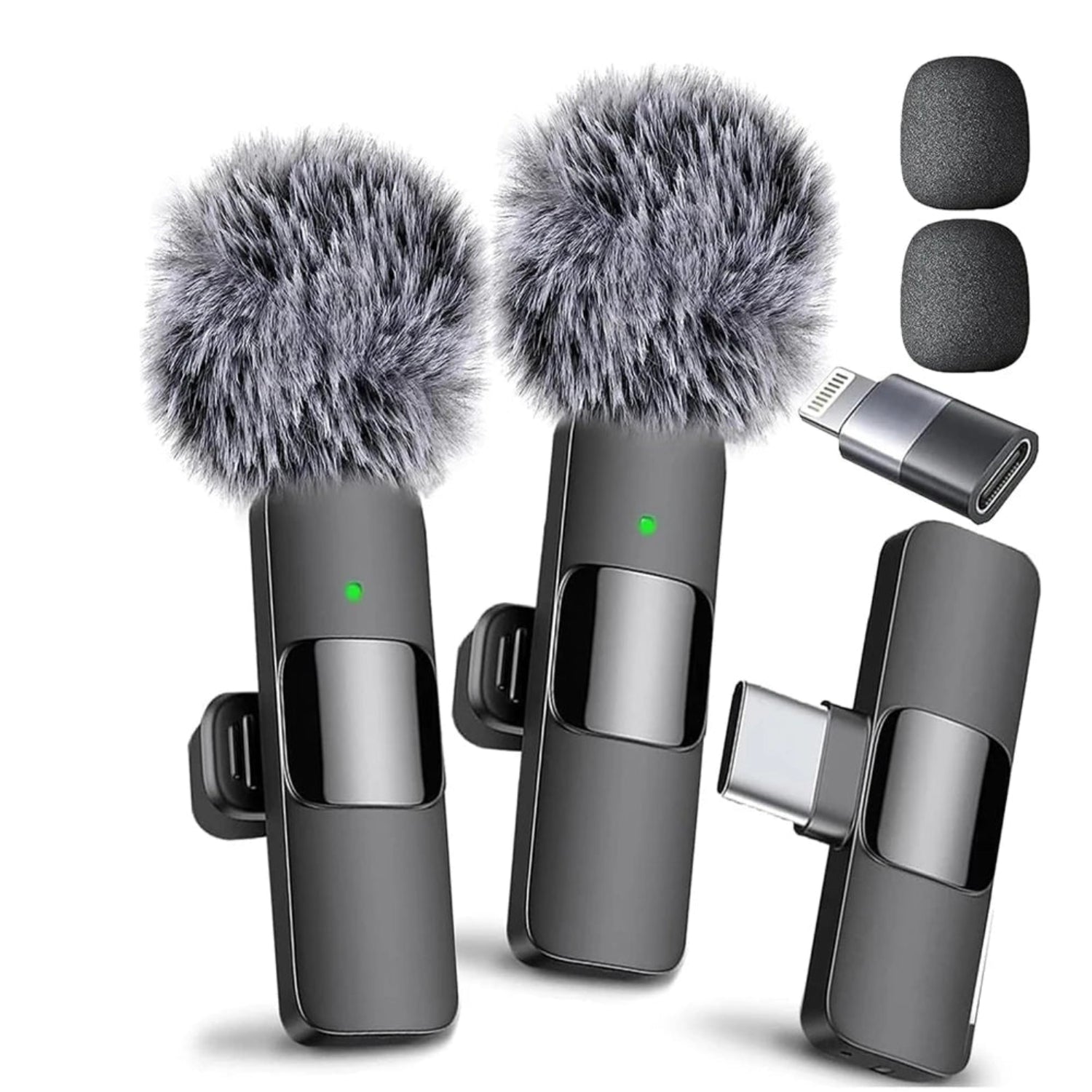 Wireless Lavalier Microphone Kit with transmitter, Type-C receiver, and accessories