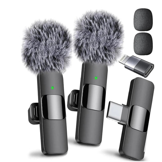 Wireless Lavalier Microphone Kit with transmitter, Type-C receiver, and accessories