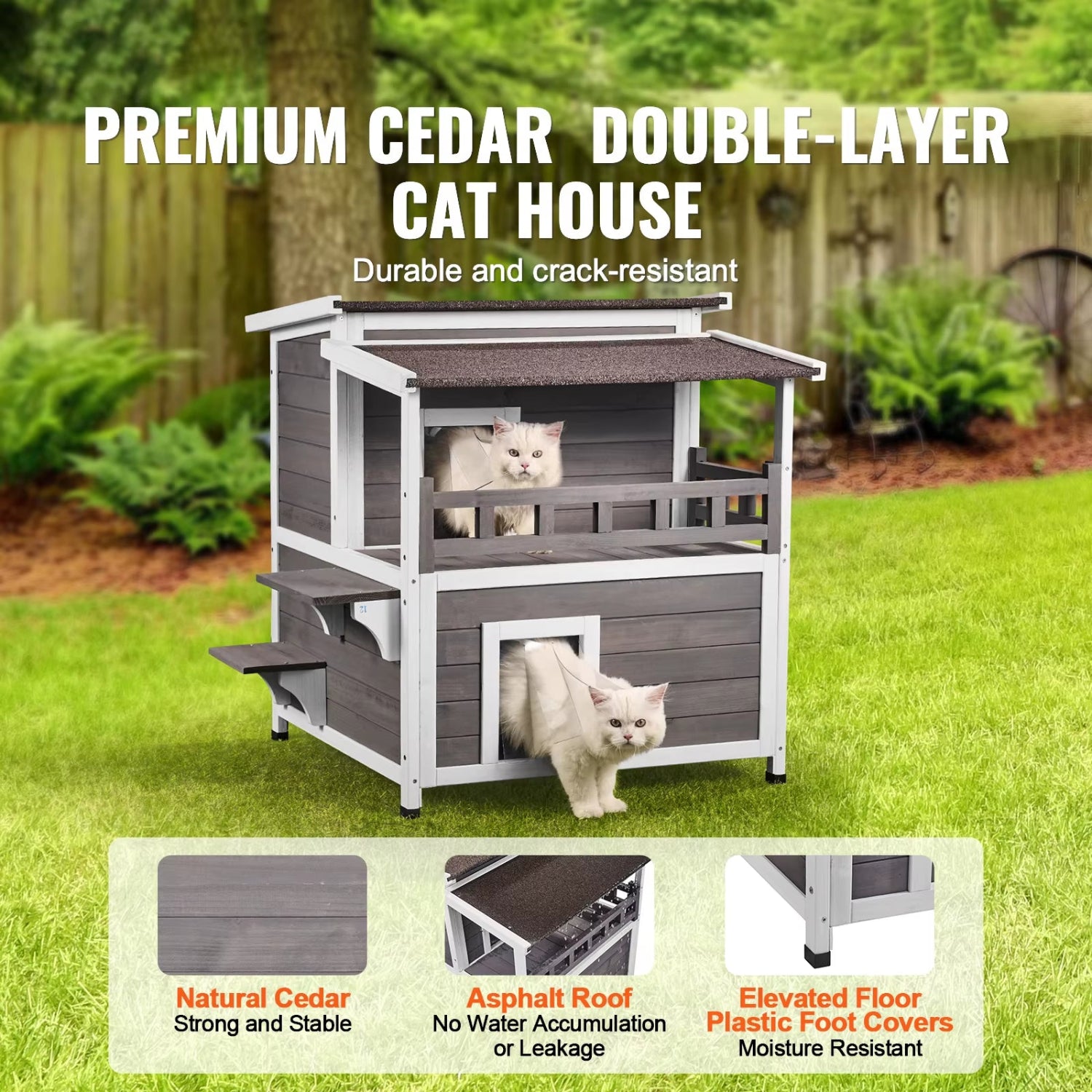 Wooden cat house for outdoor cats with balcony and waterproof roof