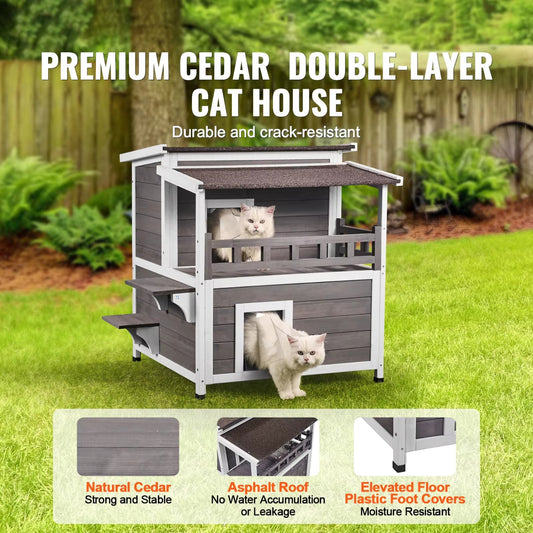 Wooden cat house for outdoor cats with balcony and waterproof roof